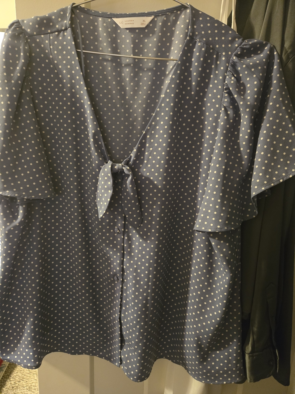 LC Lauren Conrad Blue Polka Dot Tie-Front Flutter Sleeve Blouse